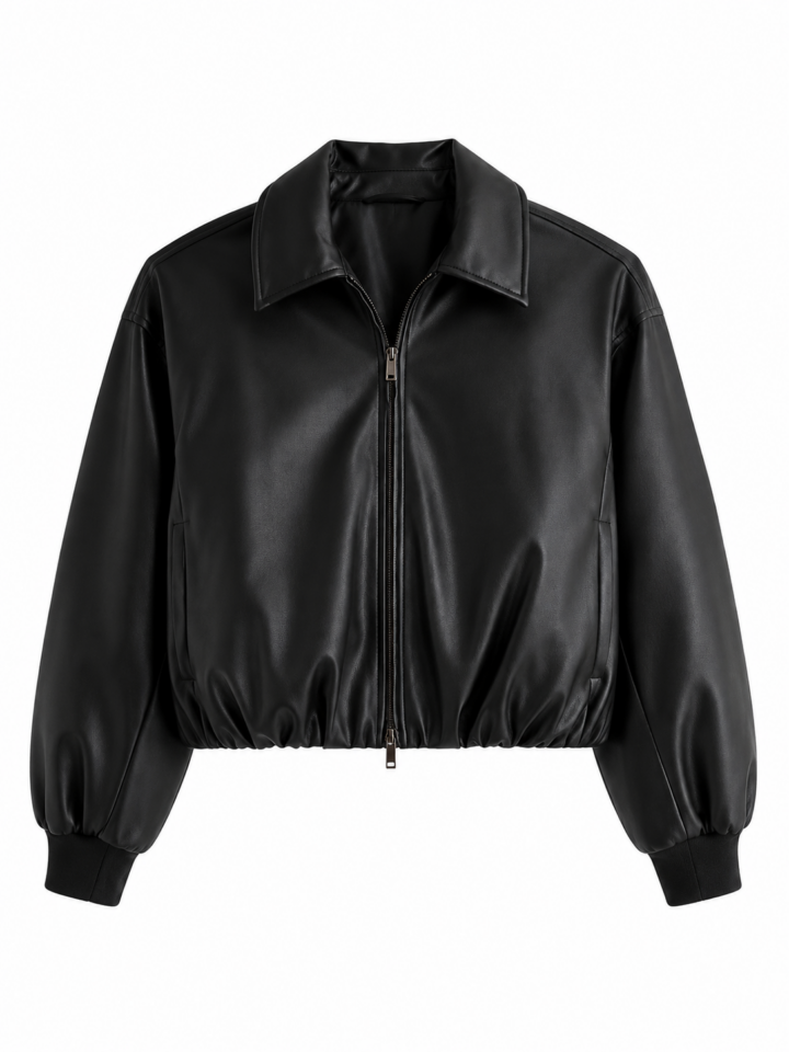 Black Cropped Leather-Like Zipper Jacket