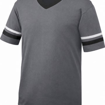 Grey Short-Sleeve V-Neck T-Shirt with Black Collar and Stripe Sleeves