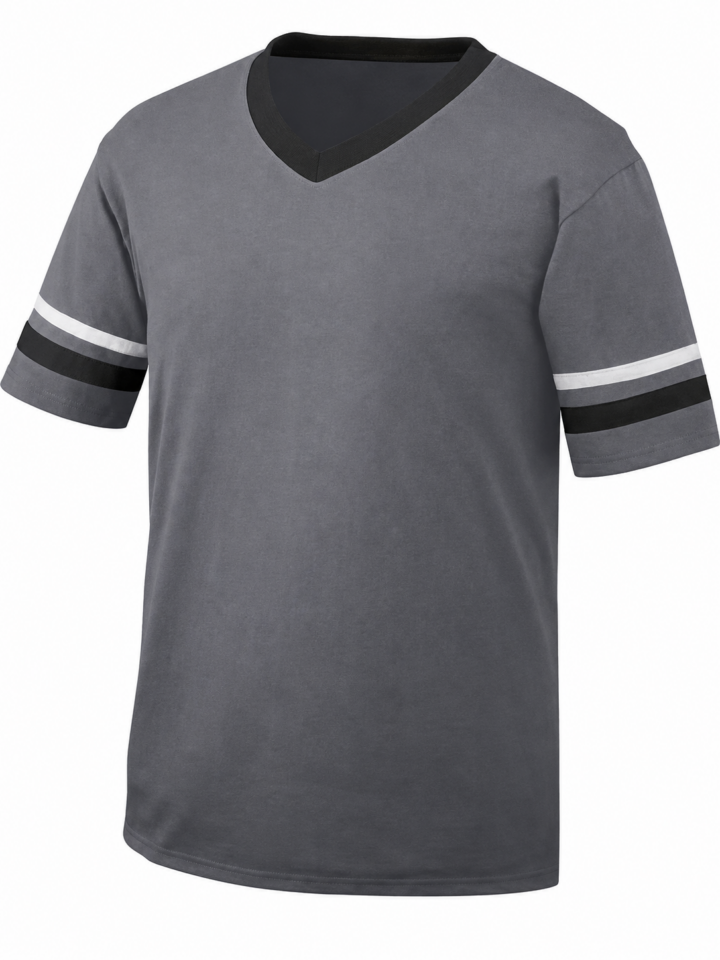 Grey Short-Sleeve V-Neck T-Shirt with Black Collar and Stripe Sleeves