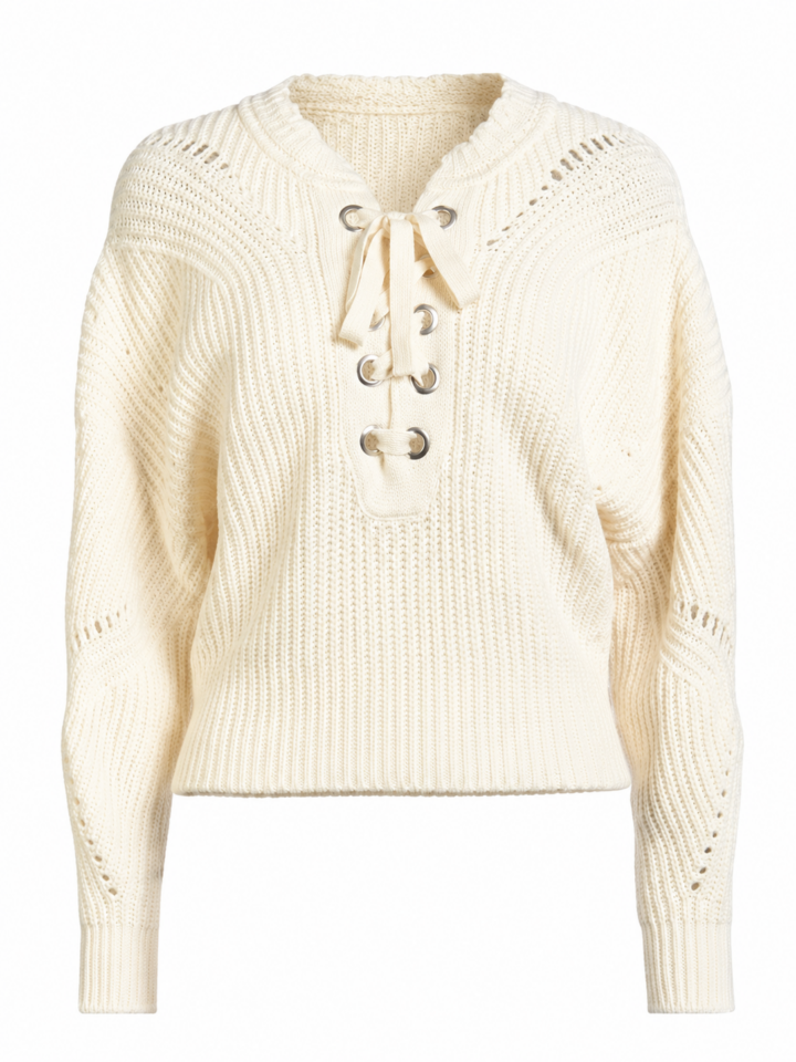 Cream Lace-Up Ribbed Knit Sweater