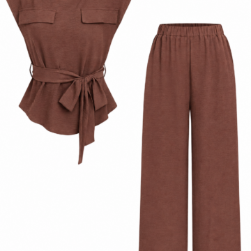 Brown Relaxed Top with Cap Sleeves and Wide-Leg Trousers Two-Piece Set