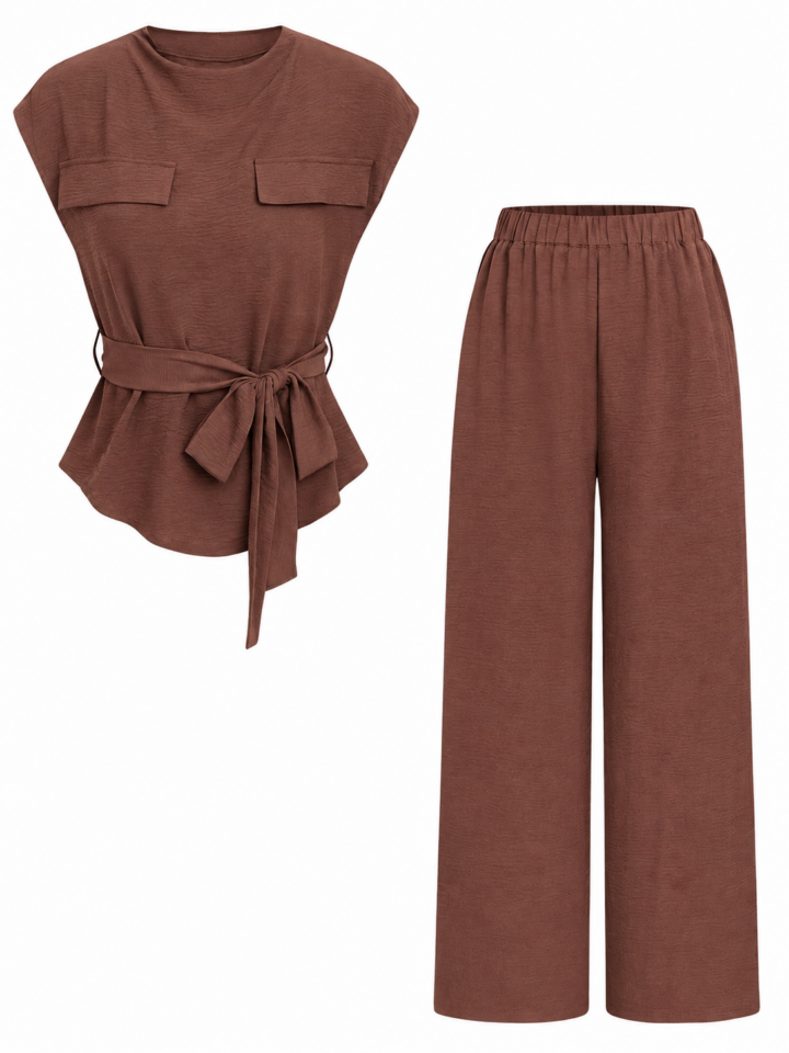 Brown Relaxed Top with Cap Sleeves and Wide-Leg Trousers Two-Piece Set