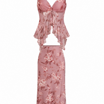 Dusty Rose Floral Print Spaghetti Strap Top and Midi Skirt Set