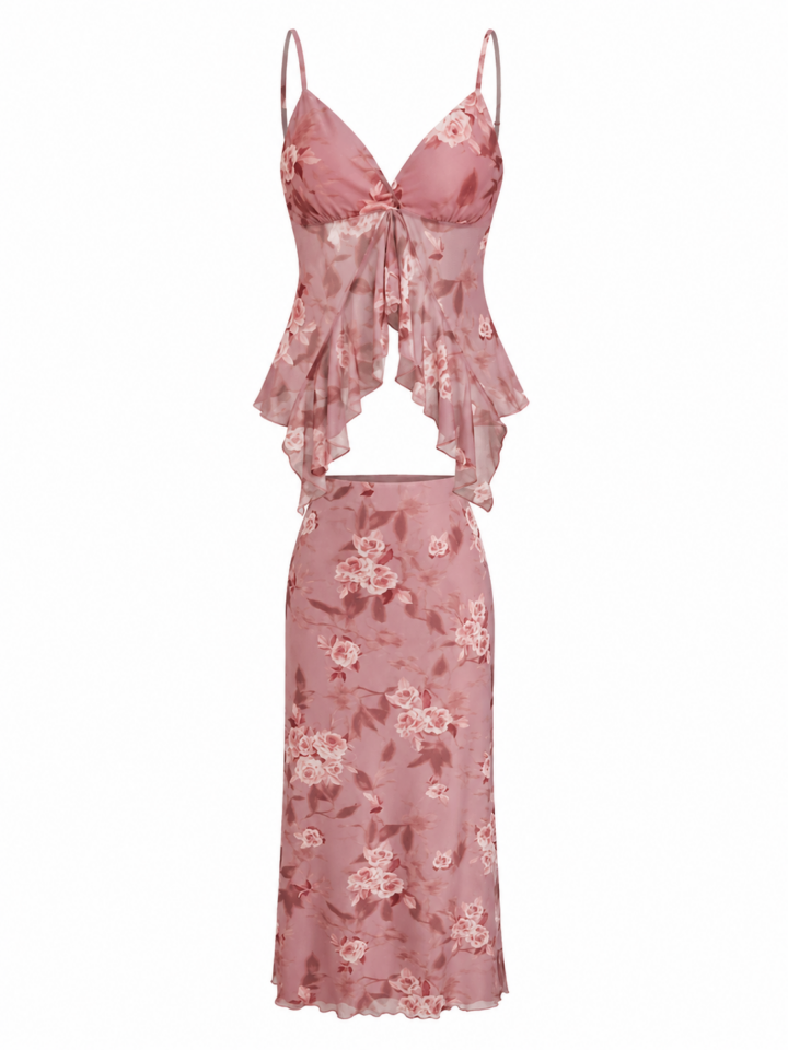 Dusty Rose Floral Print Spaghetti Strap Top and Midi Skirt Set