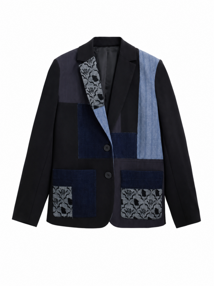 Patchwork Denim Blazer with Floral Accent