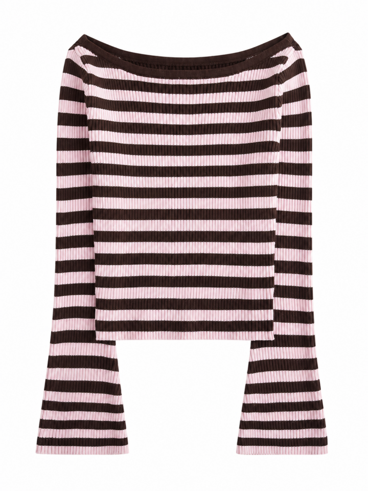 Brown and Pink Striped Bell Sleeve Knit Top