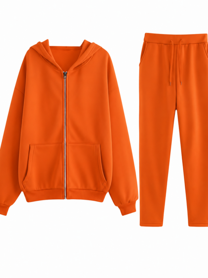 Solid Orange Two-Piece Full-Zip Hoodie and Sweatpants Tracksuit