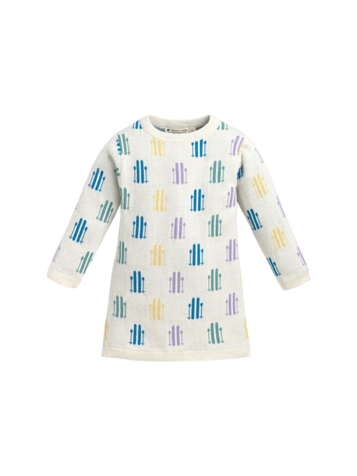Cream Pastel Fence Pattern Kids Knit Sweater Dress