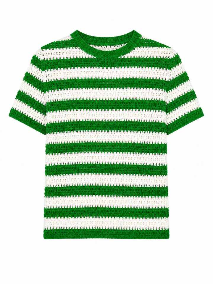 Green and White Striped Crochet Knit Top
