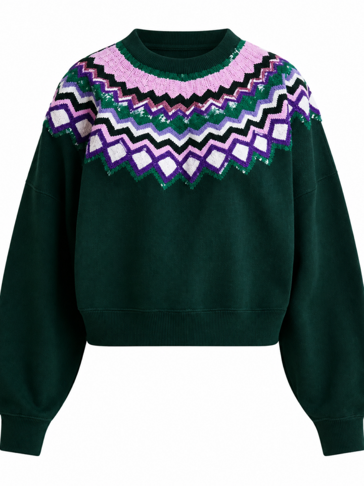 Dark Green Fair Isle Balloon Sleeve Sweater