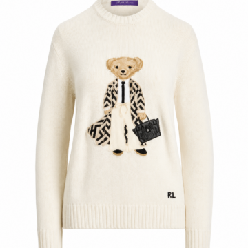 Cream Crewneck Sweater with Teddy Bear Embroidery