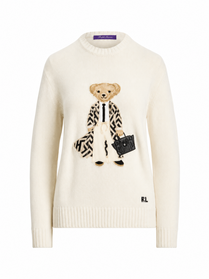 Cream Crewneck Sweater with Teddy Bear Embroidery