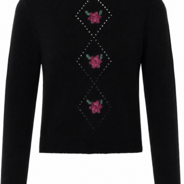 Black Long Sleeve Crew Neck Sweater with Floral Rhinestone Detail