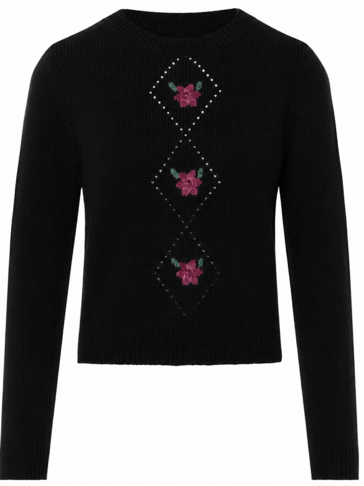 Black Long Sleeve Crew Neck Sweater with Floral Rhinestone Detail