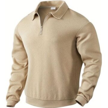 Beige Quarter-Zip Pullover Top with Knit Texture