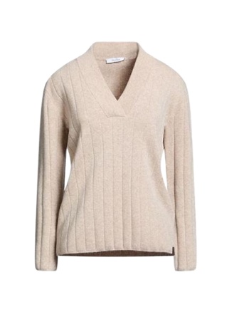 Beige Relaxed Straight Fit Ribbed Knit Sweater